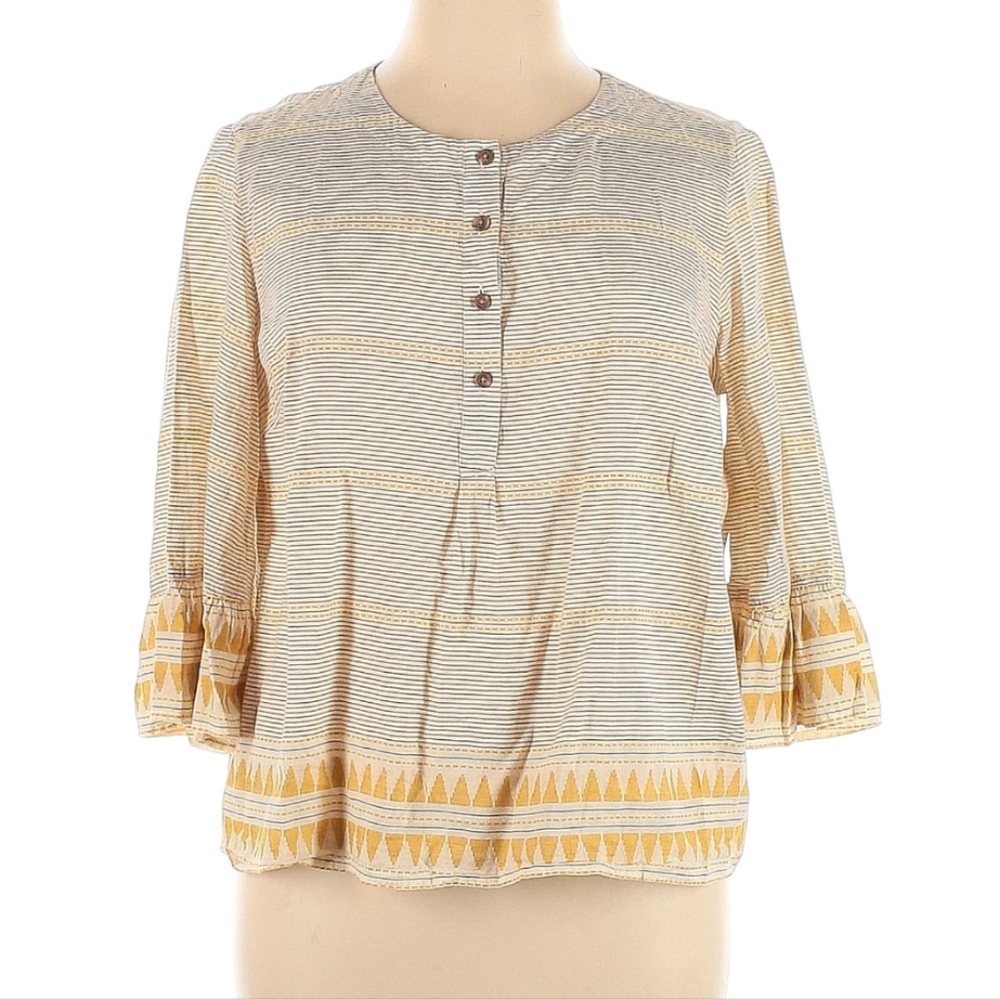 J. Jill Women's Boho Cotton Jacquard Ruffled Sleeve Top Yellow Cream Petite XL